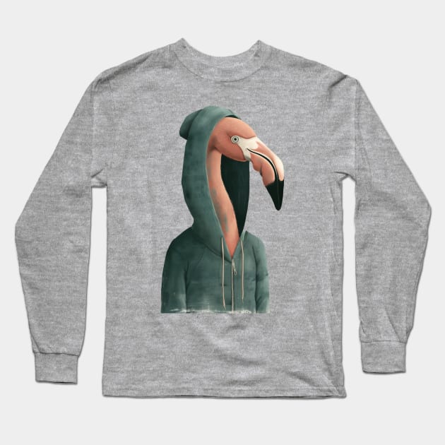 Flamingo With Hoodie Long Sleeve T-Shirt by JunkyDotCom